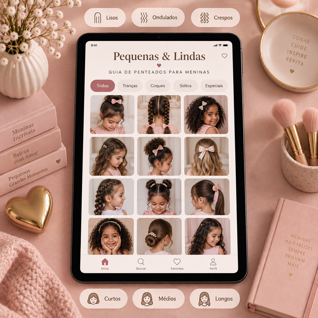 Material +200 Penteados Infantis — veja os penteados organizados por tipo de cabelo