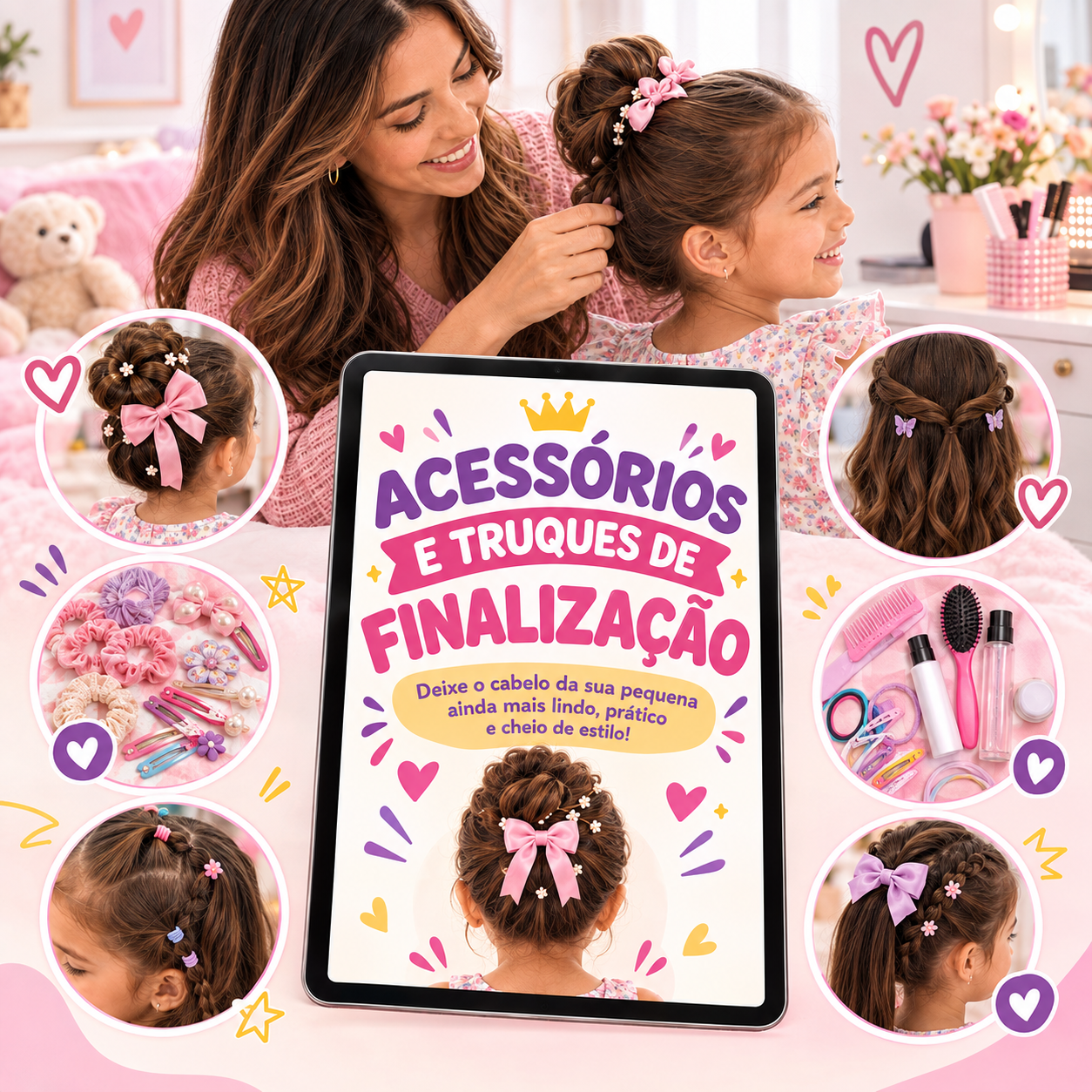 Menina com penteado infantil finalizado com trança e coque